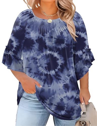 Image of Micoson Womens Plus Size Tops 3 /4 Ruffle Sleeve Crewneck Pleated Shirts