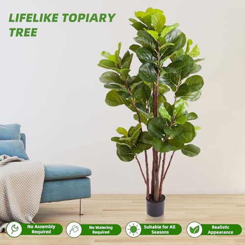 GarveeHome Artificial Fiddle Leaf Fig Tree, 59 Inch Faux Ficus Lyrata Tree in Pot with 102 Decorative Fiddle Leaves, Tall Fake Plant for Home Indoor Outdoor Living Room Office Porch Decor