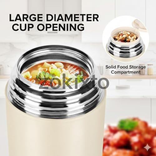 Image of Insulated Lunch Box 500ml Stainless Steel | Thermal Food Flask & Food Jar with Folding Spoon | Leakproof Tiffin Box for Office, School, Travel | Hot & Cold Food Container (White)