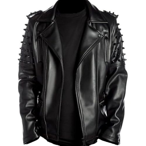 Men's Brando Notch Lapel Collar Punk Studded Spikes Real Motorbike Black Leather Jacket Rider Rock Classic Streetwear3