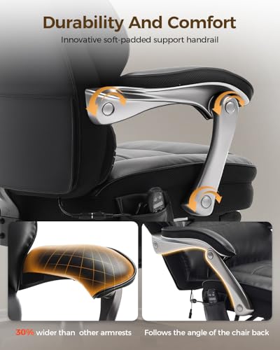 Image of Big and Tall Office Chair with Massage and Heat, 23.5 inch Wide Leather Office Chair with Back Support, Ergonomic Comfort 140 Reclining Desk Chairs Managerial Chairs for Heavy People