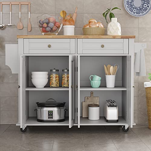 Rolling Kitchen Island with Drop Leaf – Movable Kitchen Carts on Wheels Island with Storage Cabinet, Island Table for Kitchen with Rubber Wood Top and Rack and Drawers, Matte, White