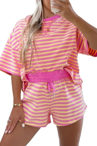Ecosunny Womens 2 Piece Lounge Sets Matching Sets Stripe Drop Shoulder Boxy Casual Terry Short Set Sweatsuit with Pockets