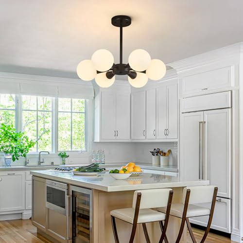 Image of Modern Ceiling Light with Milk White Glass lampshade Black Semi Flush Mount Ceiling Light Fixture Sputnik Chandelier for Bedroom Living Room Dining Room Foyer Hallway(6-Lights)