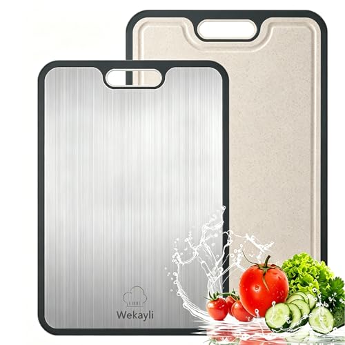 Tabla de Cortar de Acero Inoxidable, No Tóxica y de Doble Cara | Acero Inoxidable Grado Alimentario y PP de Paja de Trigo, Tablas para Cortar Carne y Vegetales, 38,35 cm × 26,42 cm miniatura 1