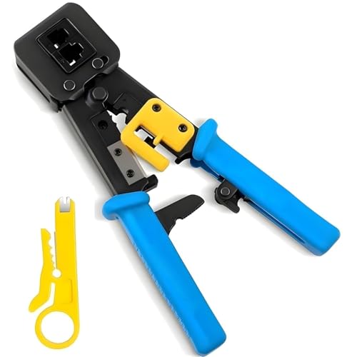Image of ELECTRO WOLF Professional Passthrough RJ45 Crimping Tool, Crimp & Cut at Same Time, Blue Network Cable Cutting Stripping Crimper tool with Network Cable Stripper | Wire Stripper | Wire Cutter