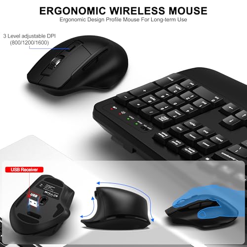Wireless Keyboard and Mouse Combo, 2.4G Full Size Wave Keys Ergonomic Keyboard with Wrist Rest, Phone Holder, 3-Level DPI Adjustable Wireless Ergonomic Mouse for Windows, Mac Desktop/Laptop/PC(Black) - Image 4
