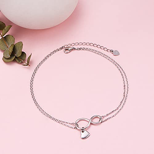 Flyow Infinity Layered Anklet 925 Sterling Silver For Women Girls Adjustable Heart Ankle Bracelet Boho Beach Foot Chain 9+1.5 Inch Charm Jewelry Birthday Gifts (Infinity Heart 9+1.5) #TOP3