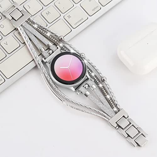 Posh Leather 20Mm Watch Band Galaxy Watch 4/5 Band/Active 2 Watch Bands 40Mm 44Mm/Galaxy Watch 5 Pro Band/Watch 3 41Mm/Watch 4 Classic 42Mm 46Mm, Boho Bracelet Handmade Strap For Women (Glitter Silver) #TOP6