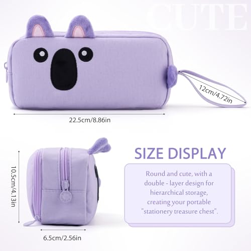 Image of CICIMELON Cartoon Pencil Case, Large Capacity Pen Pouch with Embroidered Animal Design, School Supplies Bag for Kids, Teens, Students (Purple Koala)