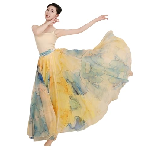 [RIKOUZY] ロングスカート 社交ダンス衣装 テンセル素材 黄藍ぼかし染め 720度裾 90cm丈 マキシ丈 フラメンコ スカート女性 レディース モダン パソドブレ ラテン タンゴ ワルツ ダンス コーラス舞台衣装 ゴムウエスト(イエロー)のサムネイル