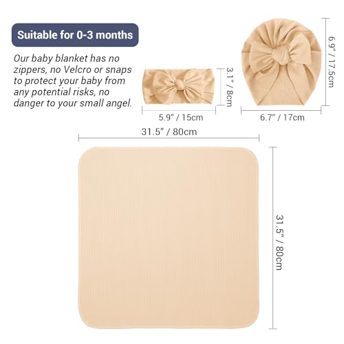 Image of DRESHOW BQUBO Baby Girl Newborn Receiving Blankets with Bow Hat Headband Wooden Birth Announcement Card Set Newborn Baby Swaddle Wrap Set Warm Shower Gift