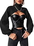 SweatyRocks Women's Lantern Sleeve Turtleneck High Neck Pullover Sweater Super Crop Top with Bandeau Top Black L