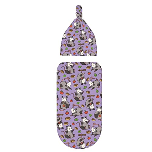 Image of Purple Possum Newborn Swaddle Blankets with Hat Sets Newborn Receiving Blanket for Boy Girl Swaddle Sack Shower Infant Gift