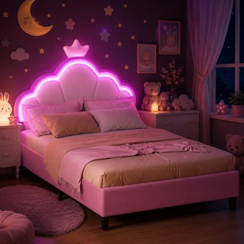 3ft Single Bed Frame with LED light Velvet Upholstered Bed with Crown Shape Pink Princess Bed with Height Adjustable Headboard Childrens Bed Youth Single Bed with Solid Wood Slats (Pink 90x190cm)
