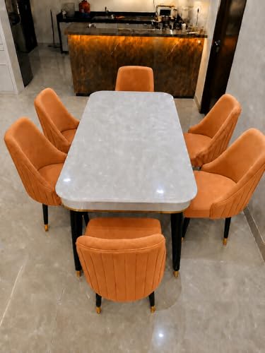 Image of WOODEN SPACE 6-Seater Wooden Dining Table Set | Nano Composite Marble Top | Solid Wood Base | Modern Dining Room Furniture with 6 Chairs (Mustard Infinity Backline)