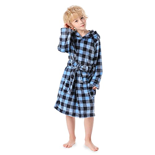 V.&Grin Boys Fleece Robe, Hooded Toddler Soft Fuzzy Bathrobe For Kids 3-14 Years（Blue Plaid 9-10 #TOP2
