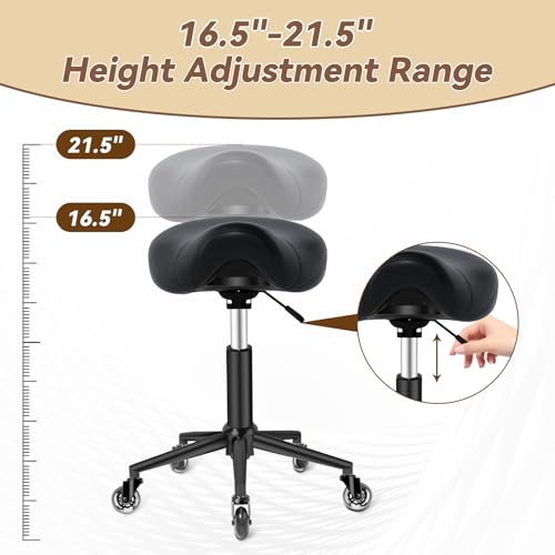 Image of Saddle Stool Heavy Duty 400lbs - Ergonomic Thick Saddle Seat Cushion, Easy Height Adjustable, Healthy Posture No Pain, Smooth Rolling No Creaky Noises, Rolling Saddle Stool Chair with Wheels (Black1)