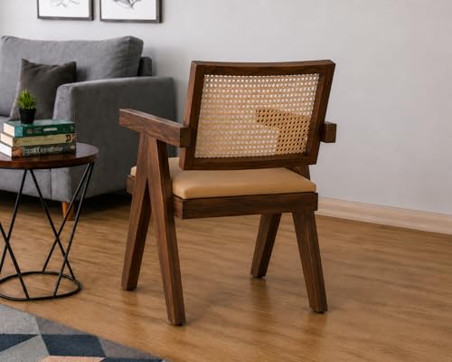 Image of Solid Wood Arm Chair with Cushion and Cane Back Support Chair Living Room Bedroom Home Wooden Armchair Furniture Garden Balcony Outdoor & Indoor (Honey Finish Set of 2)