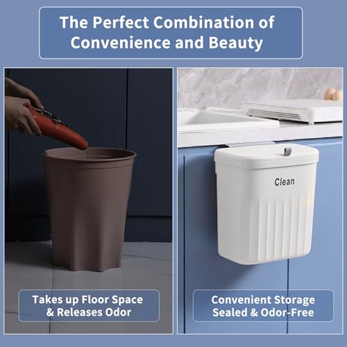 Image of Hanging Trash Can with Lid, 2.2 Gallon Kitchen Garbage Bin Food Waste Container Kitchen Compost Bin Wall Mounted Trash Can for Kitchen, Cupboard, Bathroom, Bedroom, Office, Under Sink - White