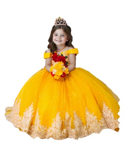Applique Puffy Kids Flower Girl Dresses with Train Formal Ball Gowns Sparkly Satin Pageant Dress for Girls