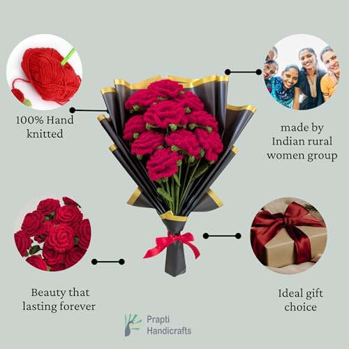 Image of Prapti Handicrafts Artificial Crochet Red Rose Single Flower Bouquet /Forever Flowers /Valentine Day Romantic Gift for Girls /Boys /Girlfriend /Boyfriend /husbund /Wife Home Decor Gift Ideas (10 red Rose)