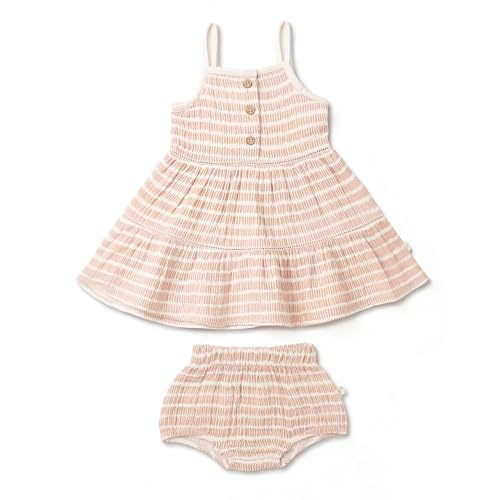 MakeMake Organics GOTS Certified Organic Cotton Baby Toddler Little Girl Button Tiered Dress Dash Lines Print, (12-18 Months)