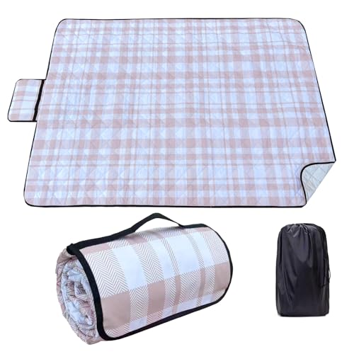 YACOTOERI レジャーシート 厚手 ピクニックマット 大判 145x200cm アルミシート 防水 折り畳みやすい 携帯便利 収納袋付く軽量 遠足 運動会 お花見 ビーチ キャンプ アウトドア (カーキストライプ)