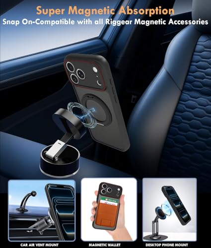 Image of RIGGEAR Shockproof Tough Hybrid Armor 360 Rotating Magnetic Ring Stand Back Cover Case Compatible with MagSafe Accessories for iPhone 17 Pro (Smoke Black Matte PC and Black TPU Bumper)