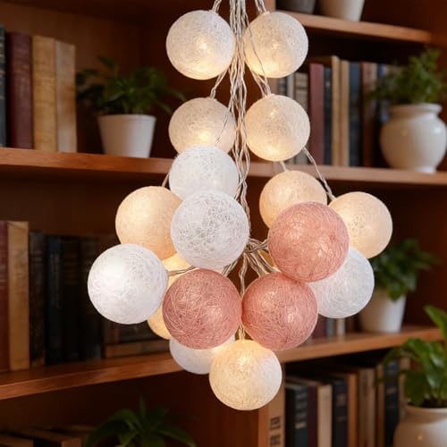 ALEGRE 1,5 m 10 LED bolas de algodón, cadena de 4 cm, cadena de luces para habitación infantil, color oro rosa, bolas de algodón, para bodas, habitaciones, dormitorios, decoración de Navidad