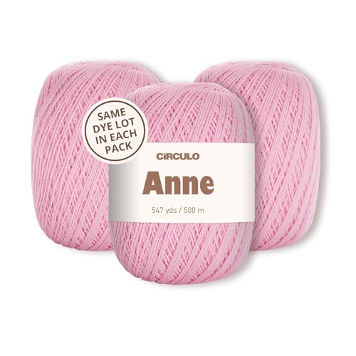 Image of CIRCULO Anne Yarn Pack, 1641 yds for Knitting & Crochet, 3 Balls of 100% Mercerized Brazilian Virgin Cotton, Soft Fingering Weight, Color 3526 Candy Rose