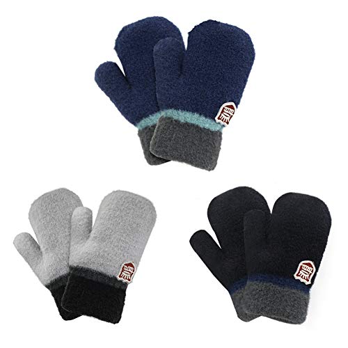 Gerlobal 3 Pairs Toddler Gloves Winter Mittens for Baby Boys Girls, Kids Warm Fleece Lined Knit Mittens with String (Black/Grey/Navy, 0-3 Years)