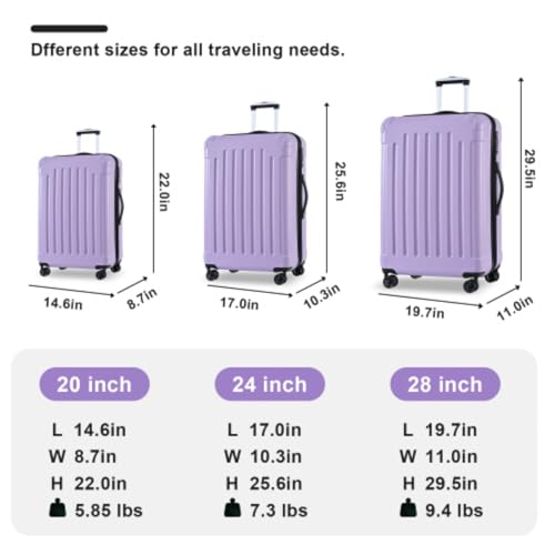 3-piece Hard Shell Suitcase Set, 20" + 24" + 28", Trolley Case with TSA Lock, Lightweight ABS+PC Hard Shell Material, Large Capacity, Zipper Compartment, Purple3