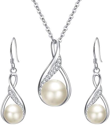 Clearine Women's 925 Sterling Silver Wedding Bridal CZ Freshwater Cultured Pearl Infinity Pendant Necklace Earrings Set