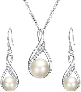 Clearine Women's 925 Sterling Silver Wedding Bridal CZ Freshwater Cultured Pearl Infinity Pendant Necklace Earrings Set