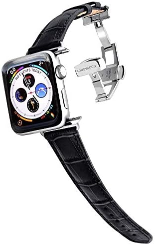 Longvadon Womens Leather Apple Watch Band - Compatible with Apple Watch Series 1-7 (38, 40 & 41MM) - Genuine Apple Watch Leather Band - Caiman Series - Midnight Black / Silver Details - M Size