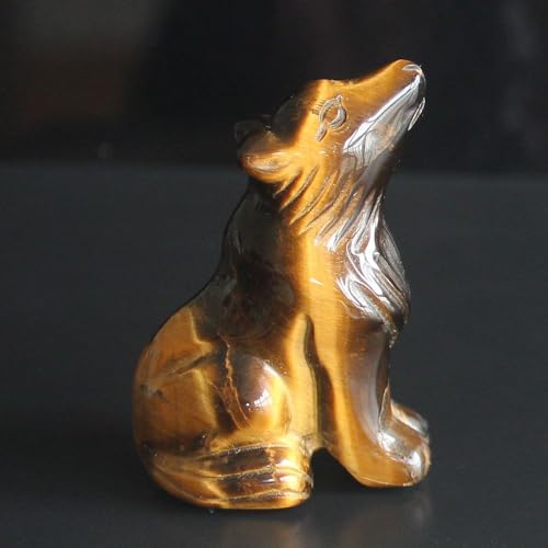 HLbshi Hand Carved Gemstone Crystal Wolf Figurine Animal Statue Carving Office Home Decor Collections 2'' (Gold Tiger Eye)