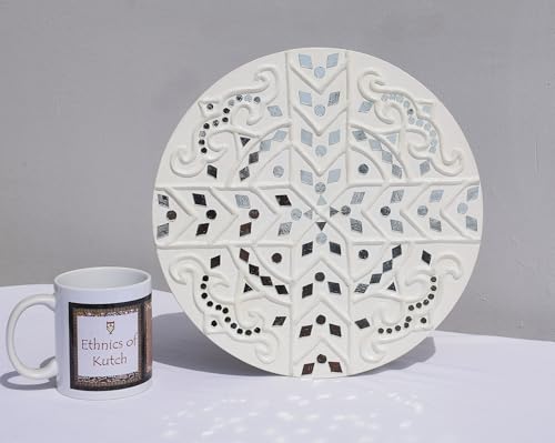 Image of Ethnics of Kutch Traditional Kutch Handicraft Mud-Mirrorwork Lippan Kam Wall Art (Water and Break Resistant) - Round (12 Inch Diameter) - (White LKT-0278)