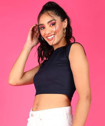Image of POPWINGS Casual Self-Design Round-Neck Sleeveless Crop Top for Women || Summer Wear Crop Tops for Women || Stylish Western Regular Wear Women Crop Tops
