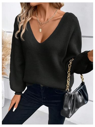 Image of GORGLITTER Women's Bow Fall Sweaters 2025 Cable Knit Chunky Oversized Long Sleeve Backless V Neck Pullover Tops