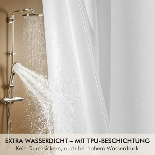 EurCross Rideau de douche à volants - 180 x 200 cm - Avec dos en TPU imperméable - En microfibre blanche - Lavable - Avec ourlet à volants et 12 anneaux – vue 4