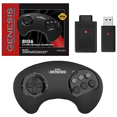 Retro-Bit BIG6 2.4 GHz Sega Genesis Wireless Arcade Controller Pad for Sega Genesis Original/Mini, Switch, PC, Mac - Black Cover