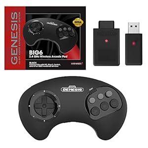 Retro-Bit BIG6 2.4 GHz Sega Genesis Wireless Arcade Controller Pad for Sega Genesis Original/Mini, Switch, PC, Mac – Black