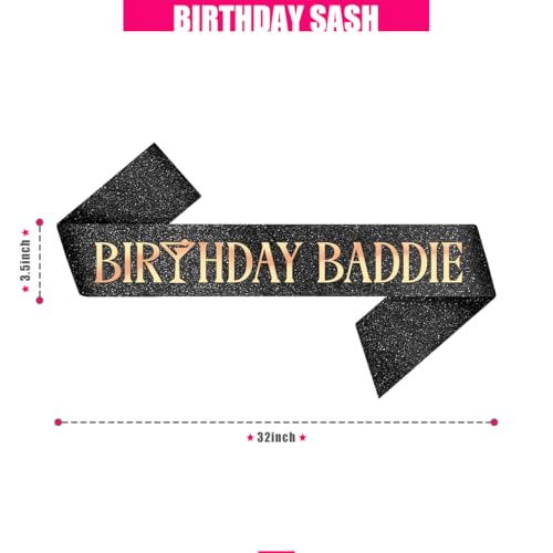 Image of PartyForever Birthday Baddie Sash - Black Glitter Sash with Rose Gold Letters & Martini Icon + Luxe Pearl Pin | Birthday Sash for Women 21st 30th 40th 50th 60th | Extra Long & Glam