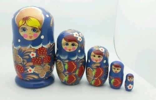 Russian Traditional Blue Matryoshka Hand Painted Nesting Set of 5 Dolls / 5" Tall