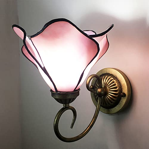 Image of Tiffany Style Wall Sconce, Flower Shaped Wall Light, Stained Glass Wall Lamp for Entrance, Bedroom, Hallway in Pink