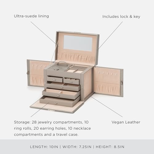 WOLF Heritage Medium Jewelry Box, Pewter - 28 Compartments, 10 Ring Rolls, 20 Earring Holes + 10 Necklace Compartments - Includes Travel Case by Wolf Designs - Image 4