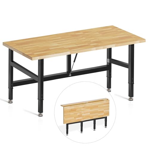 MUWOOD 48Folding Workbench 2000 LBS Capacity Heavy Duty Workbench Height Adjustable Foldable Work Table Rubberwood Collapsible Desk for Workshop Garage Office Home