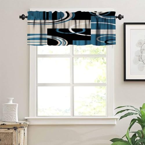 Image of Black Blue Geometric Window Valance Curtain, Mordern Turquoise Abstract Stripe Retro Circle Swirls Window Treatment Valances for Home Kitchen Cafe Decor 54'x18', 1 Panel