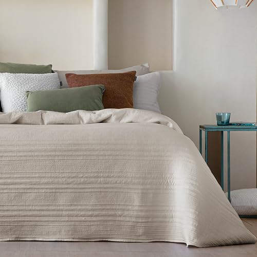 Fundeco - Colcha Entretiempo Cama 180 Diseño a Rayas Color Beige - Medida 270x270 cm - Incluye 2 Fundas de Cojín 50x70